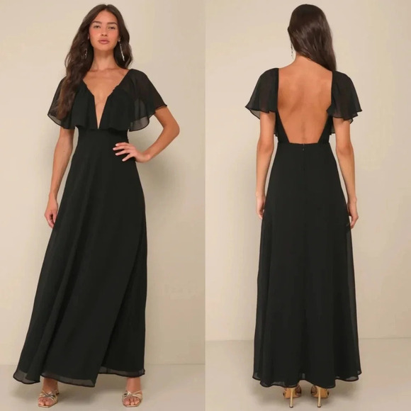 Lulus Dresses & Skirts - Lulu's Stunning Demeanor Black Flutter Sleeve Backless Maxi Dress M Wedding